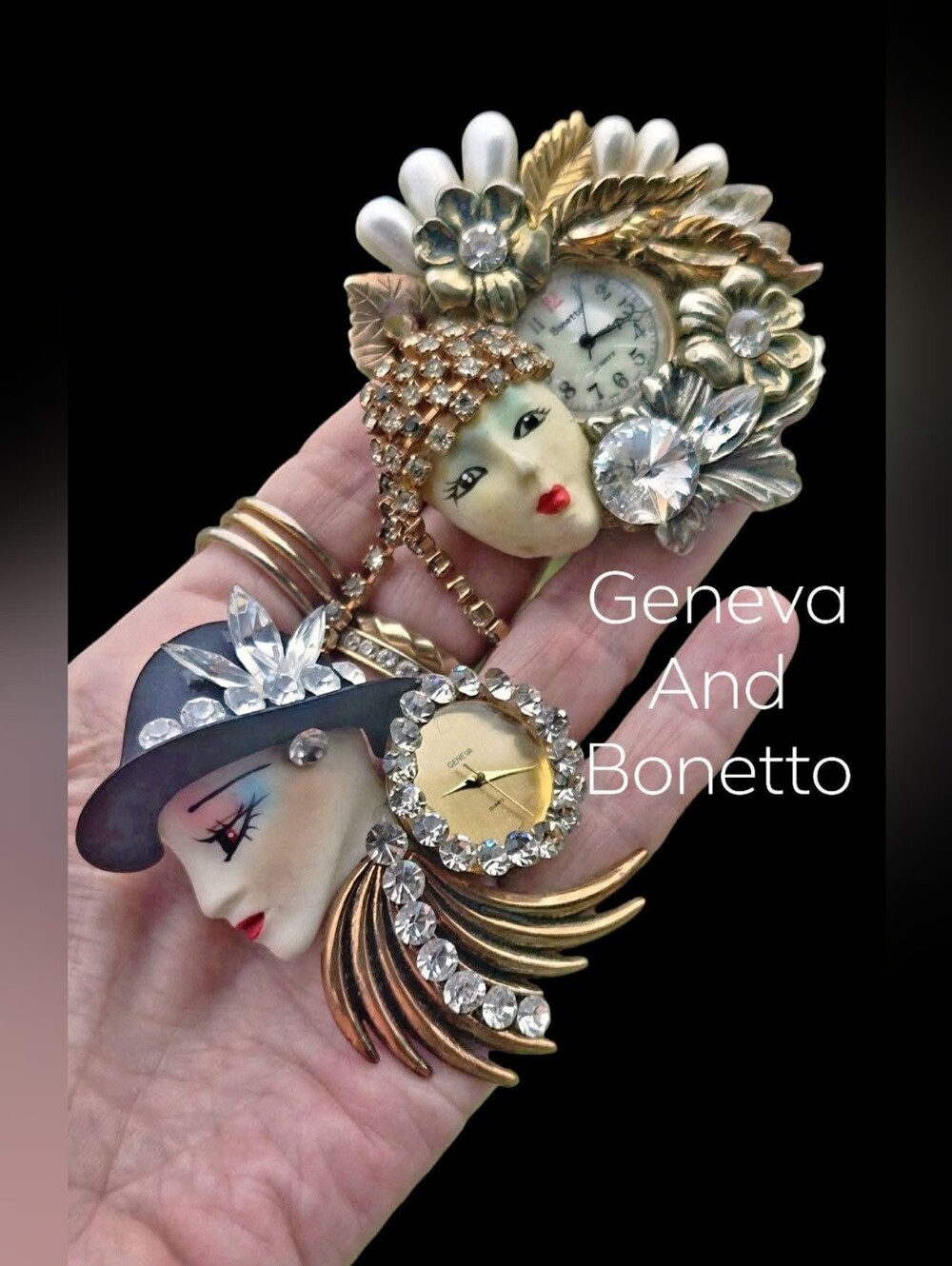 2 Vintage Lady Head Watch Brooches